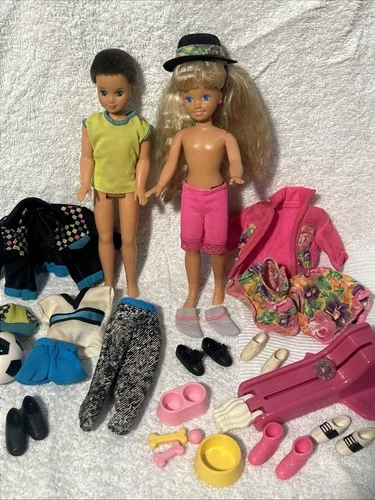 Vintage 1990 Mattel Todd And Twin Sister Stacie Dolls and Clothing EUC