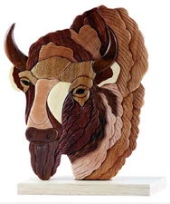 Bison Head Buffalo Intarsia Wood Table Top Home Decor Figurine Lodge New