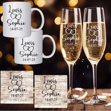 PERSONALISED WEDDING CHAMPAGNE FLUTES ENGRAVED GLASSES MUGS & COASTERS GIFT SET