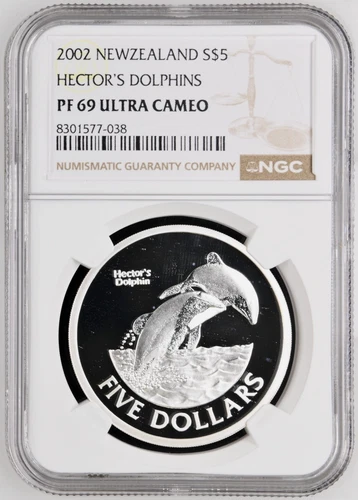 2002 New Zealand Silver 5 Dollars Proof Hector's Dolphins NGC PF 69 ULTRA CAMEO