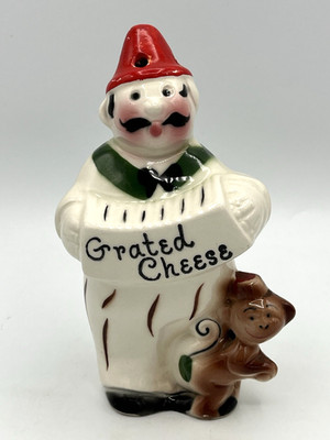 Vintage Ceramic Grated Cheese Shaker Accordion Player With Monkey Mustache 6.5''