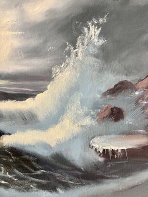 90s Seascape Oil Painting Sunset Waves Coastal Art 20x16
