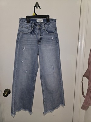 Risen Jeans Wide Leg Distressed Raw Hem Light Blue Denim Button Zip Women