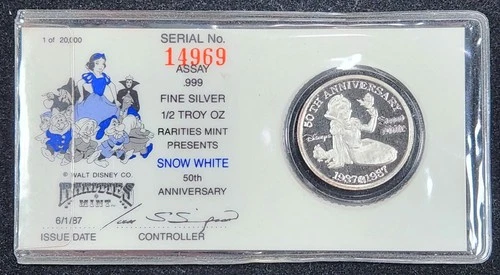 Proof Silver 1987 Snow White 50th Anniversary 1/2 oz in Holder