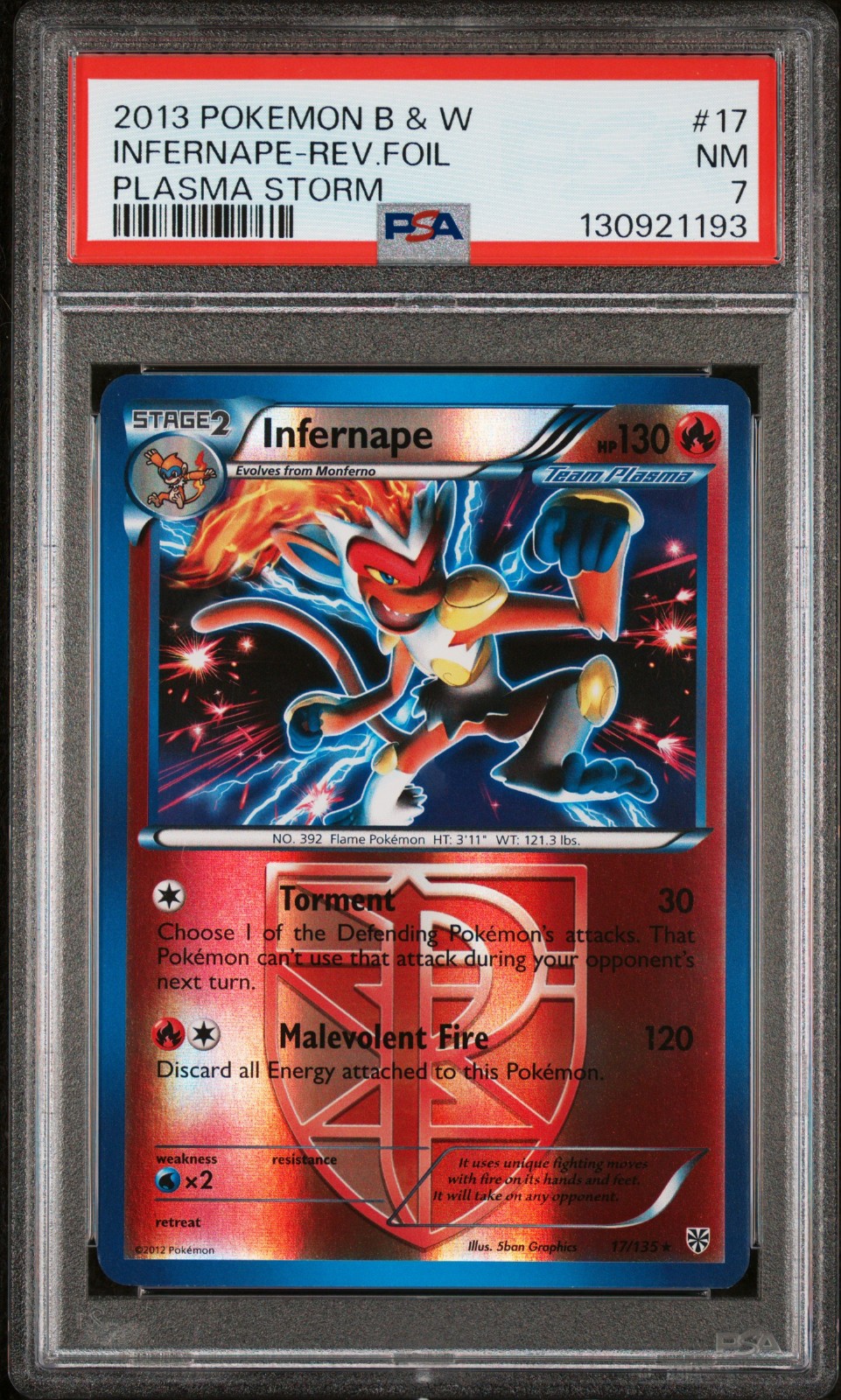 2013 POKEMON BW PLASMA STORM INFERNAPE #17 REVERSE PSA 7 NM #130921193