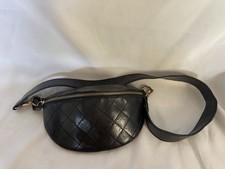 Vtg 60s Black Structured Faux Leather Quilted Fanny Pack Bum Crossbody Bag RARE 
