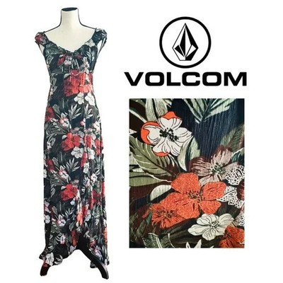 Volcom x Coco Ho Maxi Dress XS Black Floral Tropical Summer Beach Slit Boho EUC