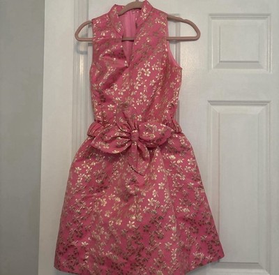 Lilly Pulitzer XS Pink Gold Floral Sleeveless V-Neck Bow A-Line Dress
