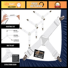 Adjustable Bed Sheet Holders with Metal Clips - Fitted Bedding Straps, 4 Pack Wh