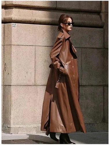 Leather Women Trench Long Coats Jacket Lambskin Double Faced Breasted Brown 1 image 4