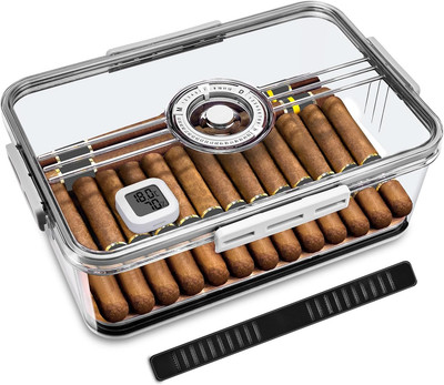 Cigar Humidor, Humidifier and Hygrometer Large Storage about 60 Cigars Clear Hum
