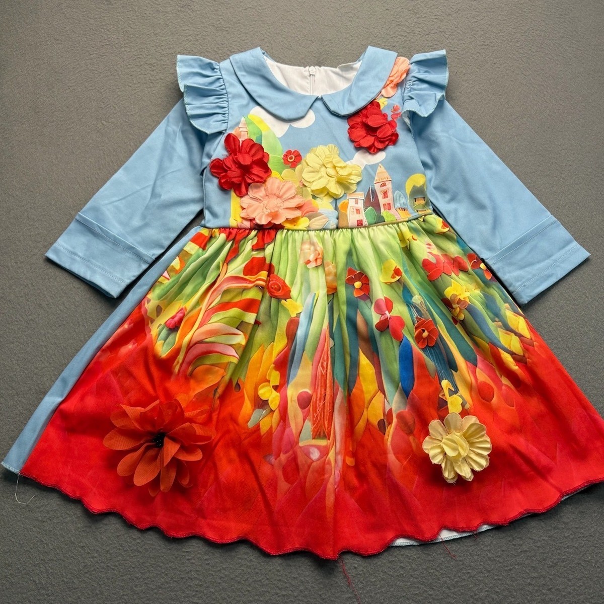 Story Book Floral 3D Applique Dress Girls Size 3Y Blue Red Long Sleeve Ruffle | eBay Story Book Floral 3D Applique Dress Girls Size 3Y Blue Red Long Sleeve Ruffle | eBay