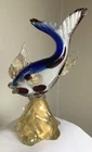 VINTAGE MURANO GLASS FISH SCULPTURE BARBINI SILVER POLKADOT ON BASE W/LABEL 11"