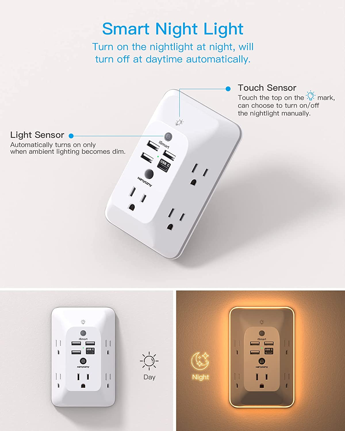Outlet Extender with Night Light, HANYCONY Multi Plug Outlet, USB Wall Charger S
