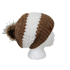 Hat Beanie Slouchy One Size Crocheted Faux Fur Pom Pom Brown White Indie NEW