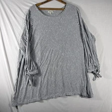 Women’s Peasant Blouse Blue & White Striped 3X 3/4 Sleeves Tie Cuff Boho Tunic