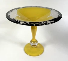 Vintage Art Deco Style Hand Painted Etched Glass Pedestal Compote Bowl