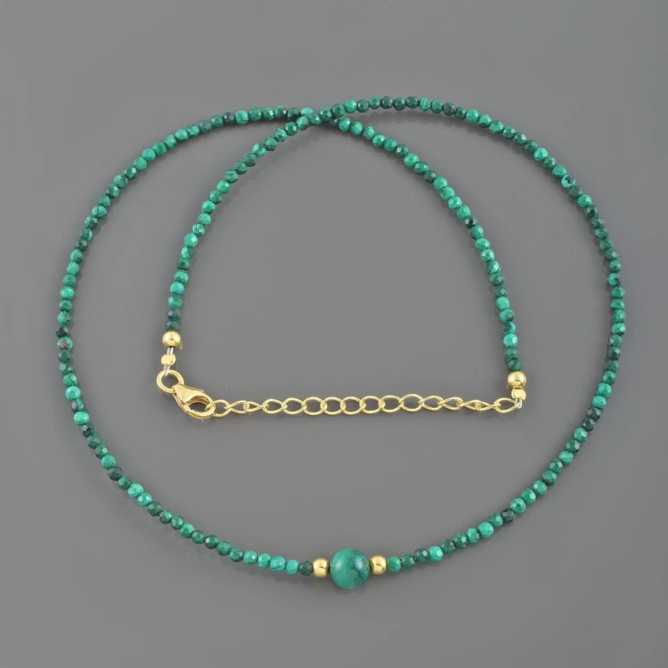 Artigianale Naturale Malachite Rotondo Collana Perle 925 Argento 18 " Filo - Immagine 2 di 4