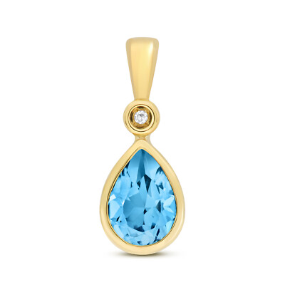 Pendentif Femme En Or 9 Carats (375/1000) Avec Diamant Et Topaze Bleue - 15mm X 7mm