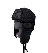 Black TROOPER Ski TRAPPER AVIATOR ARCTIC WINTER PILOT FAUX FUR CAP HAT Russia OS