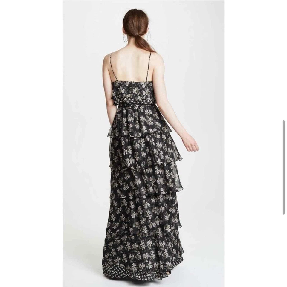 NUEVO CON ETIQUETAS Vestido Maxi Jill Stuart Kiera Floral Volantes Niveles Negro 6 Gasa Foto 4 de 4