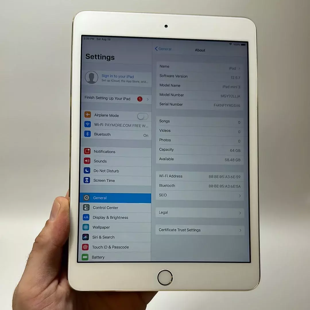 WiFi Only Apple iPad Mini 3 64GB MGY92LL/A 12.5.7 Gold