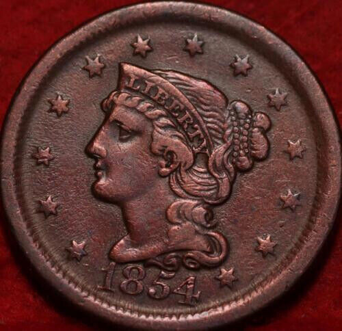 🇺🇸 1854 Philadelphia Mint AU+++ Copper Braided Hair Large Cent USA - Foto 1 di 2