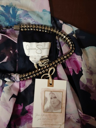 Jessica Simpson NWT NAVY MULTI Floral-Print Halter Dress w Necklace. Read below - Picture 6 of 7