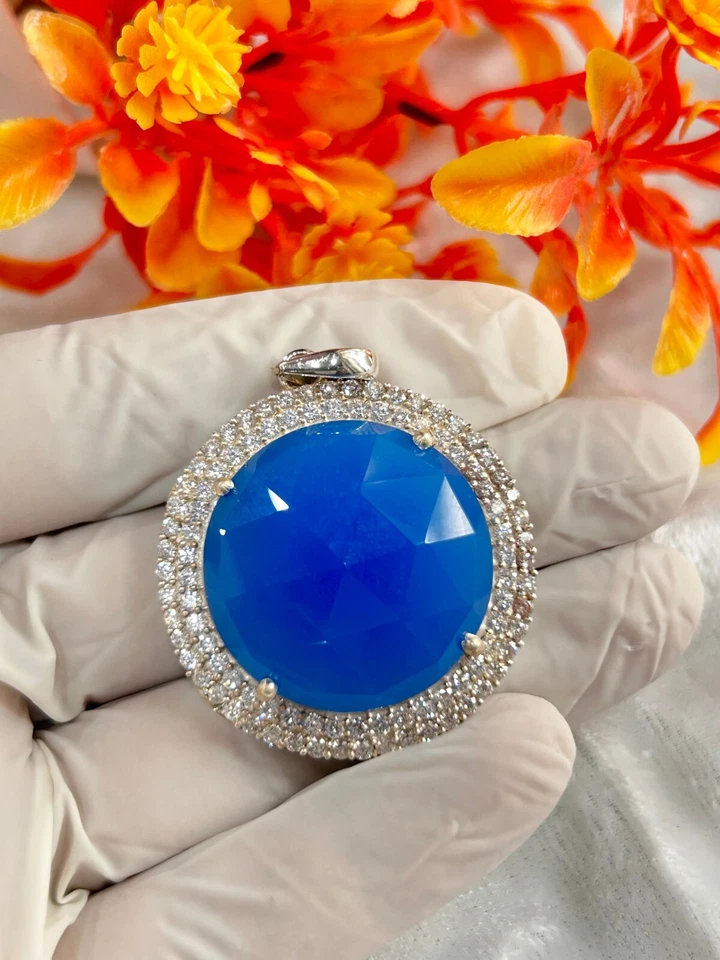 Colgante de plata de ley 925 | Colgante de piedras preciosas facetadas de calcedonia azul de 6 cm de largo Foto 2 de 4