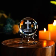 3D Laser Engraved Cross Bible Crystal Ball with Stand Religious Christian Collec