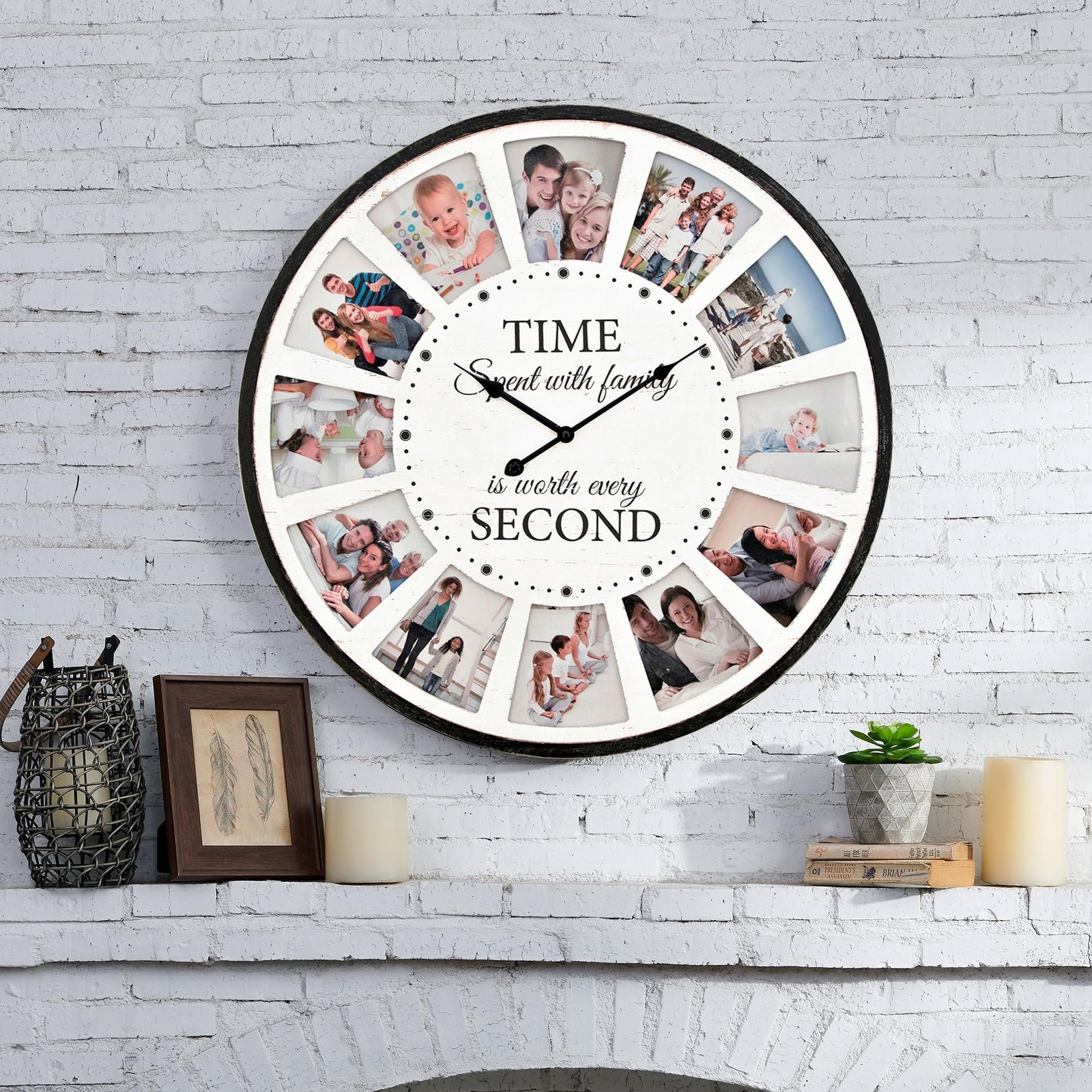 Large Wall Clock with Picture Frames Collage, Vintage Rustic Clock Wall Decor...