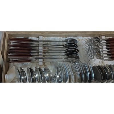 Vintage MCM Eldan Japan ELD 2 Stainless Flatware Set Wood Handle 79 Pc w Box