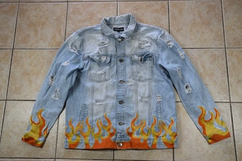 Embellish Men's Denim Jacket Fire Flames Graphic Distressed 2XL Punk - product listing photo