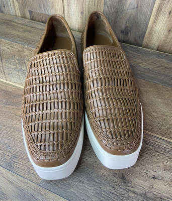 Vince Shoes Women 8 Brown Stafford Leather Woven Platform Slip On Loafer Sneaker