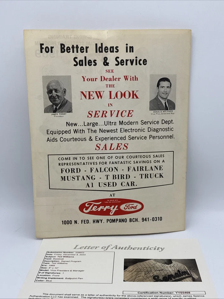 Ted Williams Signed 1969 Senators Program Rare Inscription To Hunting Buddy JSA - Image 3 of 3
