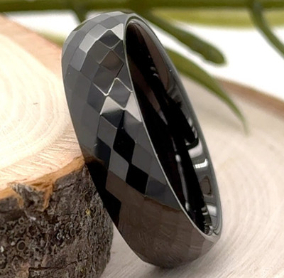 Elegant 6mm Ceramic-Inspired Black Tungsten Ring   Diamond-Cut Holiday Gift Band