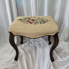 Needlepoint Stool Vanity Piano Chair Floral Tapestry Cabriole Legs Solid Wood 