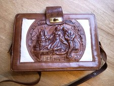 Vintage Rare Purse Handbag Scenic Mexican Design Tooled Leather & Fur. 13×9"