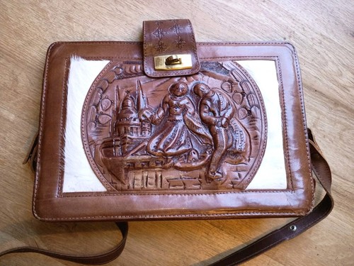 Vintage Rare Purse Handbag Scenic Mexican Design Tooled Leather & Fur. 13×9" - Image 1