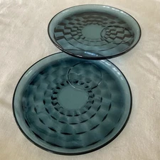 Indiana Blue Glass Snack Plates with Cup Holder Set of 2 Vintage 1960's