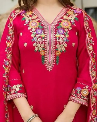 women Embroidered Slik Kurti With Pant Set With Dupatta. Size M To 4 Xl
