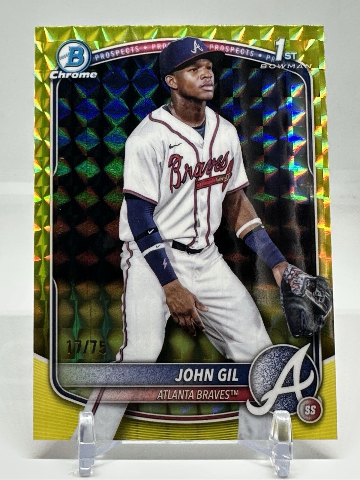 John Gil 2025 Bowman Chrome 1st Year Yellow Wave Refractor /75 Atlanta Braves
