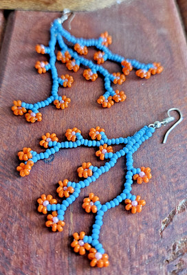 African-Beaded Branch Flower Earrings- Handmade in Kenya- New- Blue/ Orange
