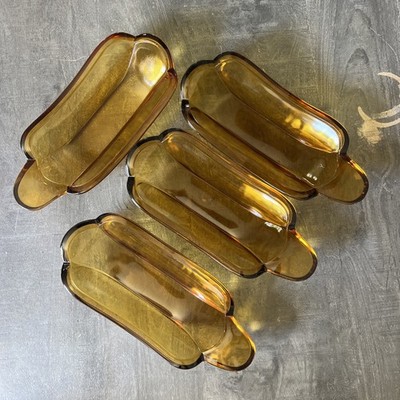 4 MCM Indiana Glass Banana Split Ice Cream Bowl Dish Retro Amber