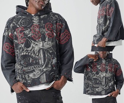TAKER Men's Raw-Edge Blessed Cropped French-Terry Hoodie T5256