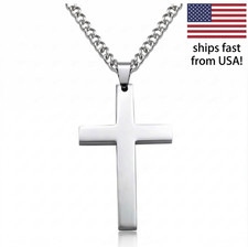 Silver Stainless Steel Cross Pendant Necklace Men Women 20-24" Curb Chain Gift