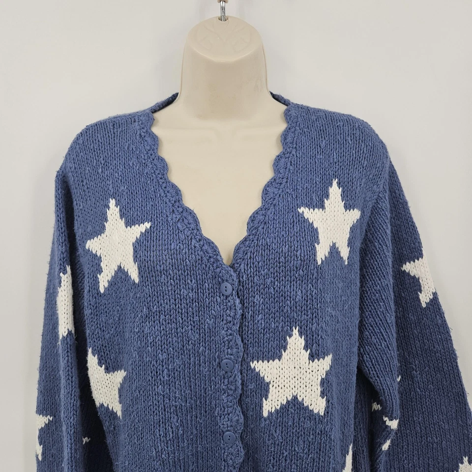 VTG Quacker Factory Hand Knit Cardigan Sweater SZ M Blue Stars Flag Patriotic - Image 2 of 4