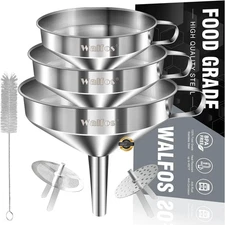 Stainless Steel Funnel, Walfos 3 Pack Kitchen Funnel with 2 Removable Strainer