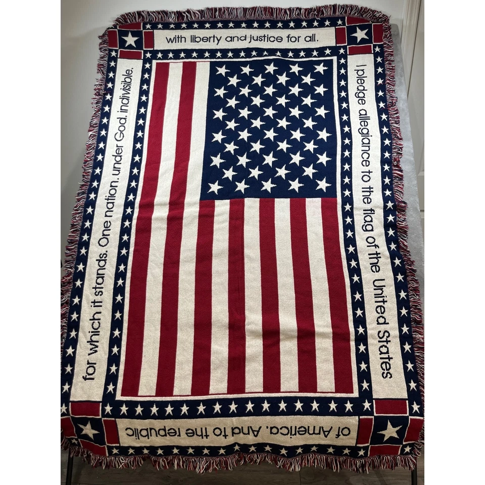 Manta tejida American Flag Pledge Allegiance roja blanca azul flecos pesada Foto 3 de 3