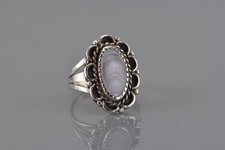 Sterling Silver Scalloped Bezel Mother of Pearl Statement Band Ring 925 Sz: 6.5